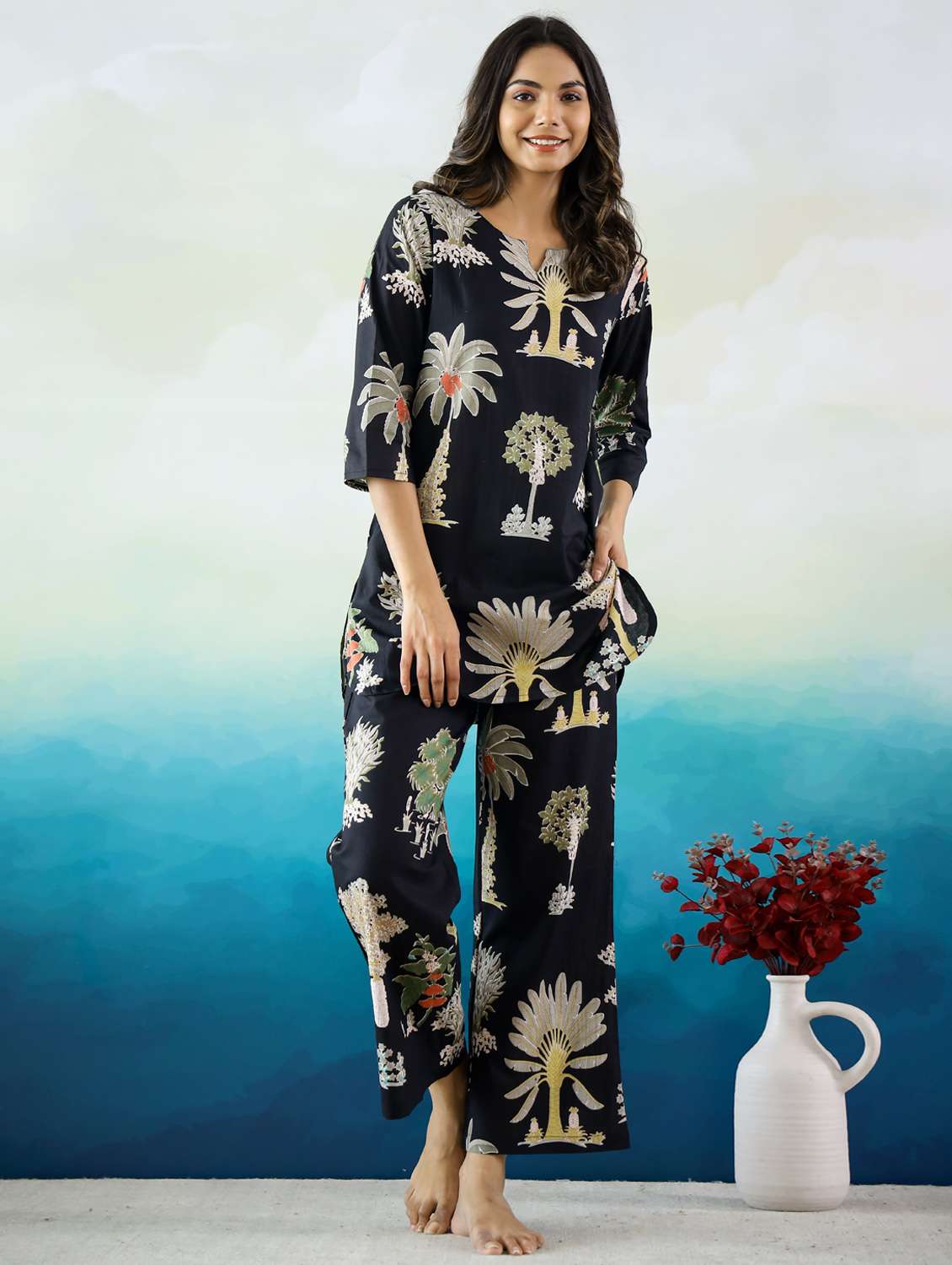 women printed three quarter sleeve co-ord set - 22013437 - Zoom Image - 0