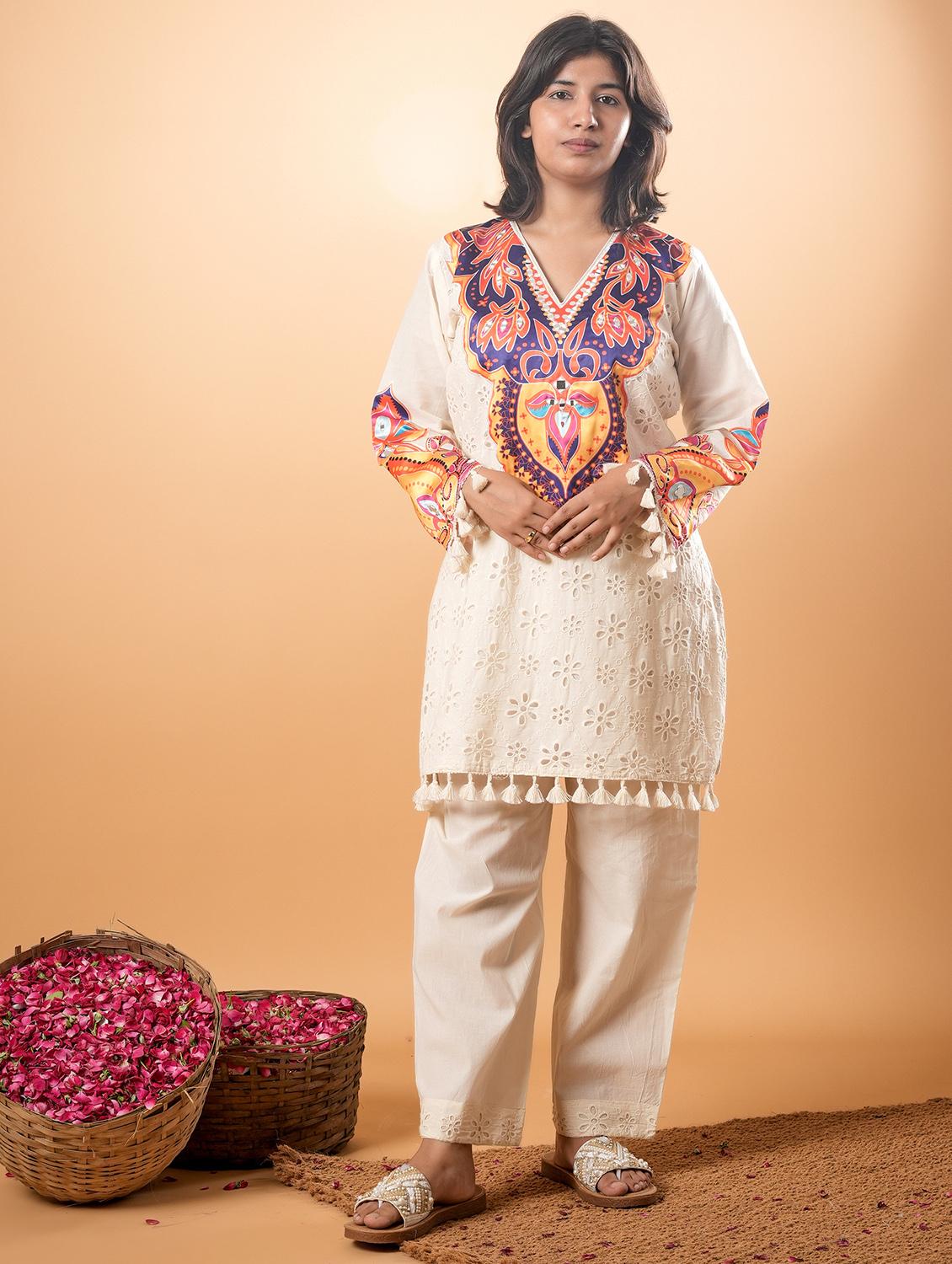 women printed long quarter sleeve ethnic co-ord set