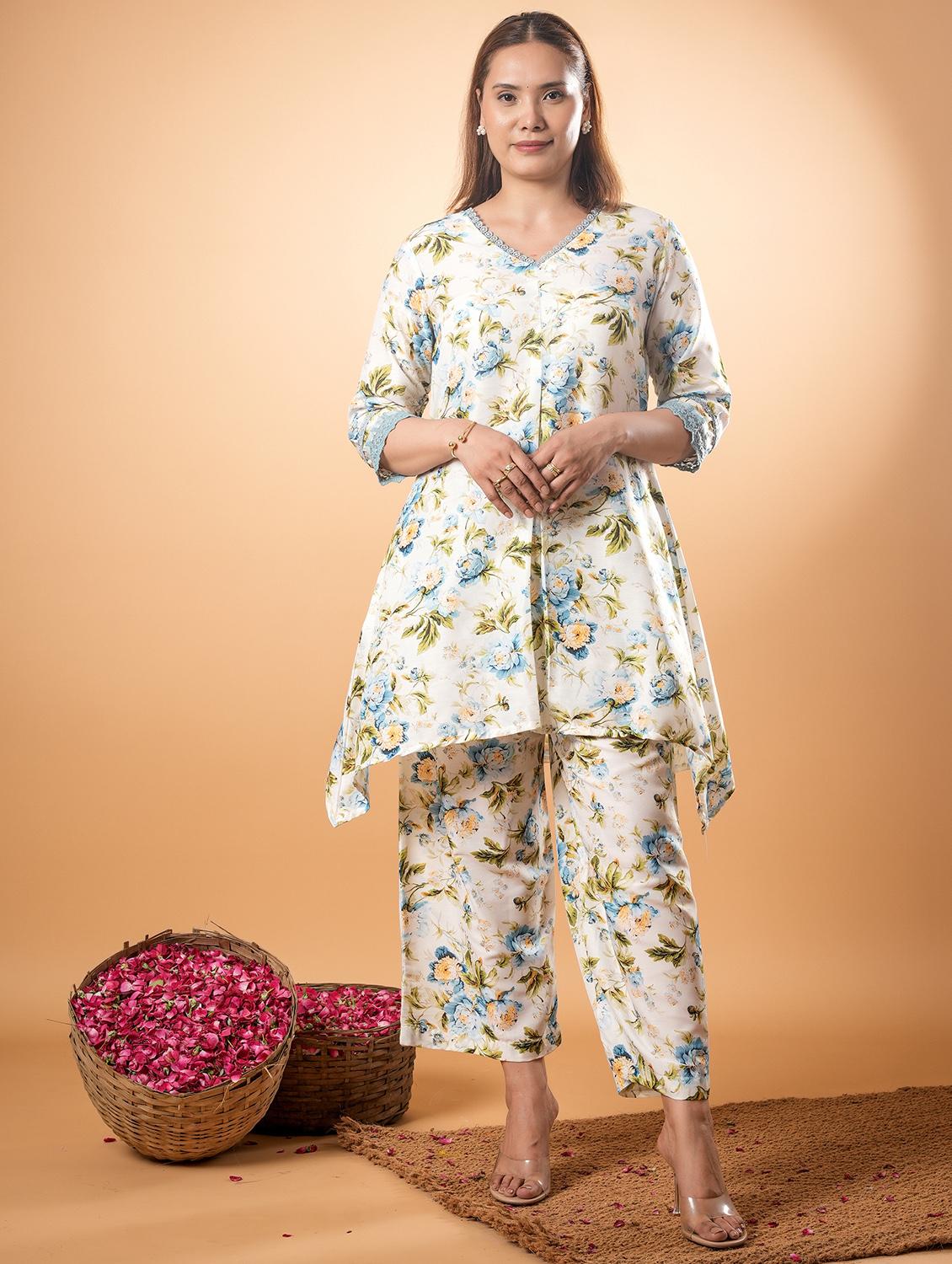 women floral three quarter sleeve ethnic co-ord set