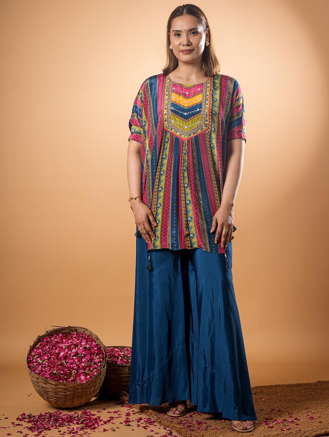 women printed kimono sleeve ethnic co ord set