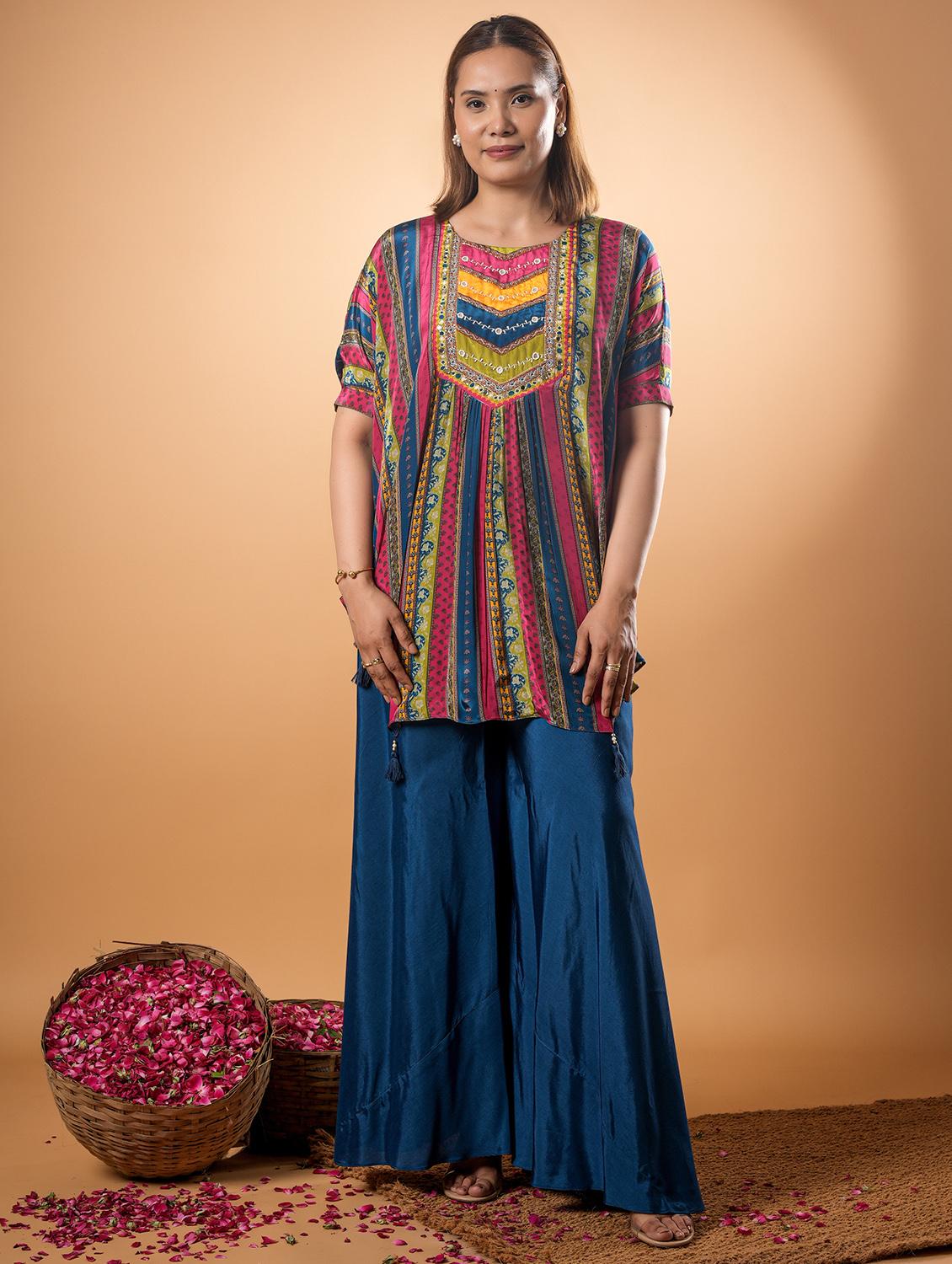 women printed kimono sleeve ethnic co ord set