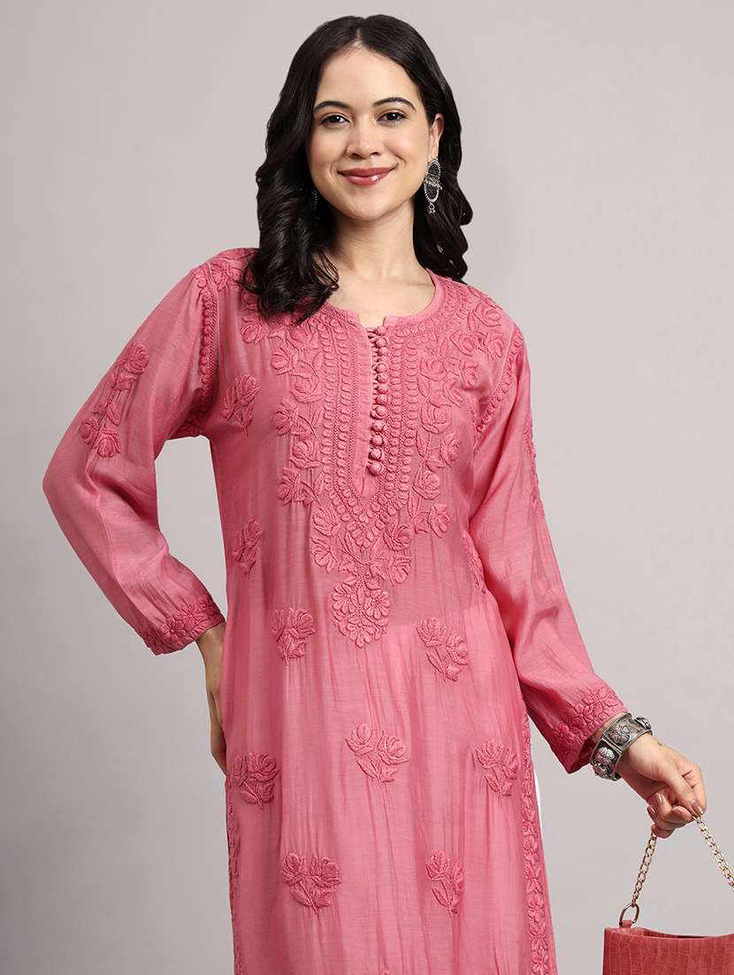 women long sleeve chikankari straight kurta - 22013538 -  Standard Image - 3