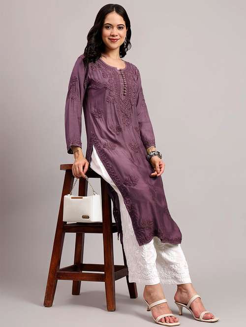 women long sleeve chikankari straight kurta - 22013540 -  Standard Image - 0