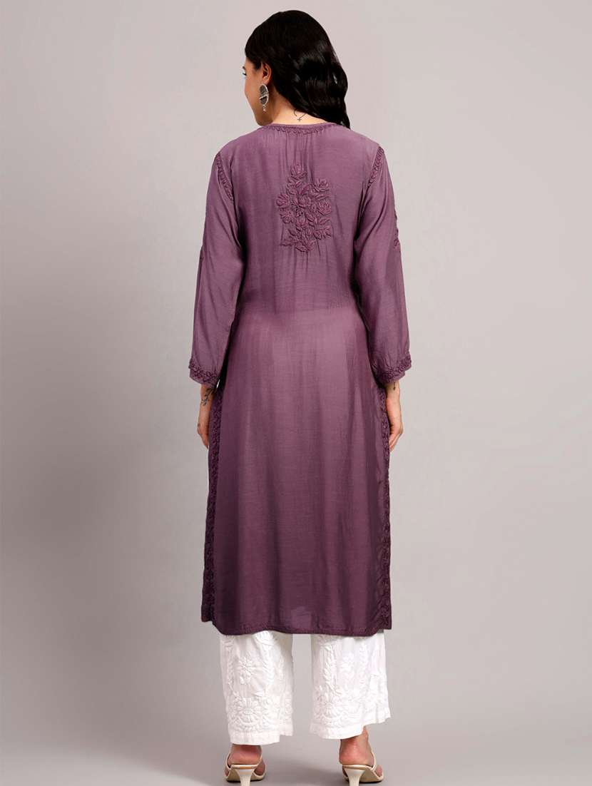 women long sleeve chikankari straight kurta - 22013540 -  Standard Image - 3