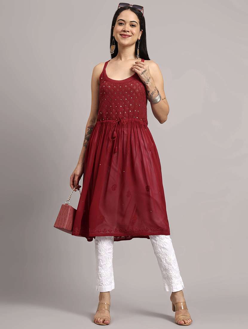 women embroidered shoulder strap flared kurta - 22013542 -  Zoom Image - 0