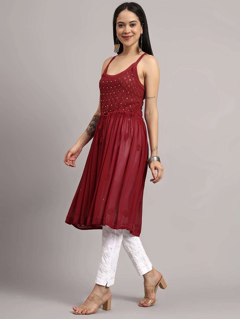 women embroidered shoulder strap flared kurta - 22013542 - Standard Image - 3