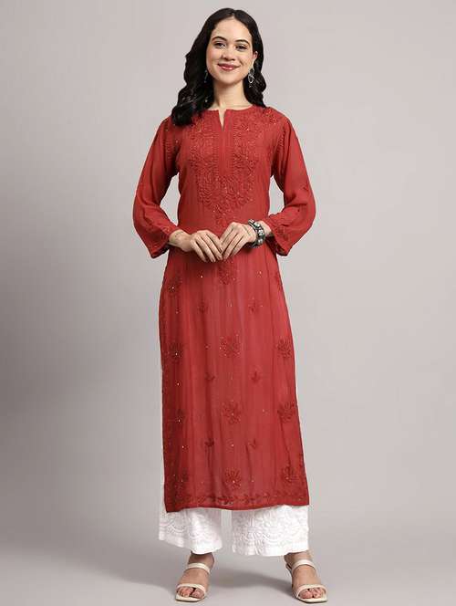 women long sleeve chikankari straight kurta - 22013543 - Standard Image - 0