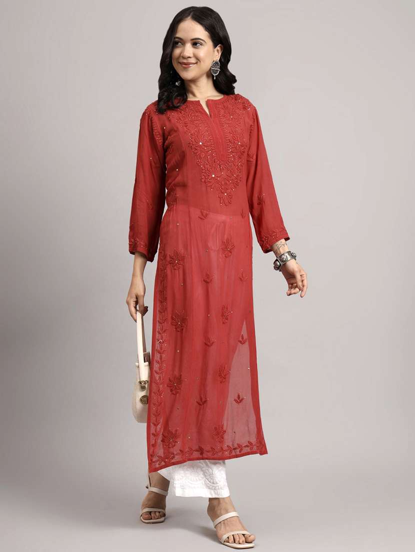 women long sleeve chikankari straight kurta - 22013543 - Standard Image - 3