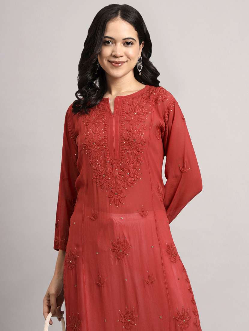 women long sleeve chikankari straight kurta - 22013543 - Standard Image - 5