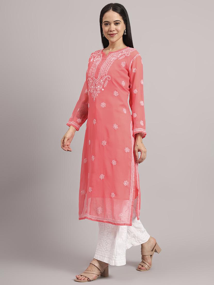 women long sleeve chikankari straight kurta - 22013544 - Standard Image - 3