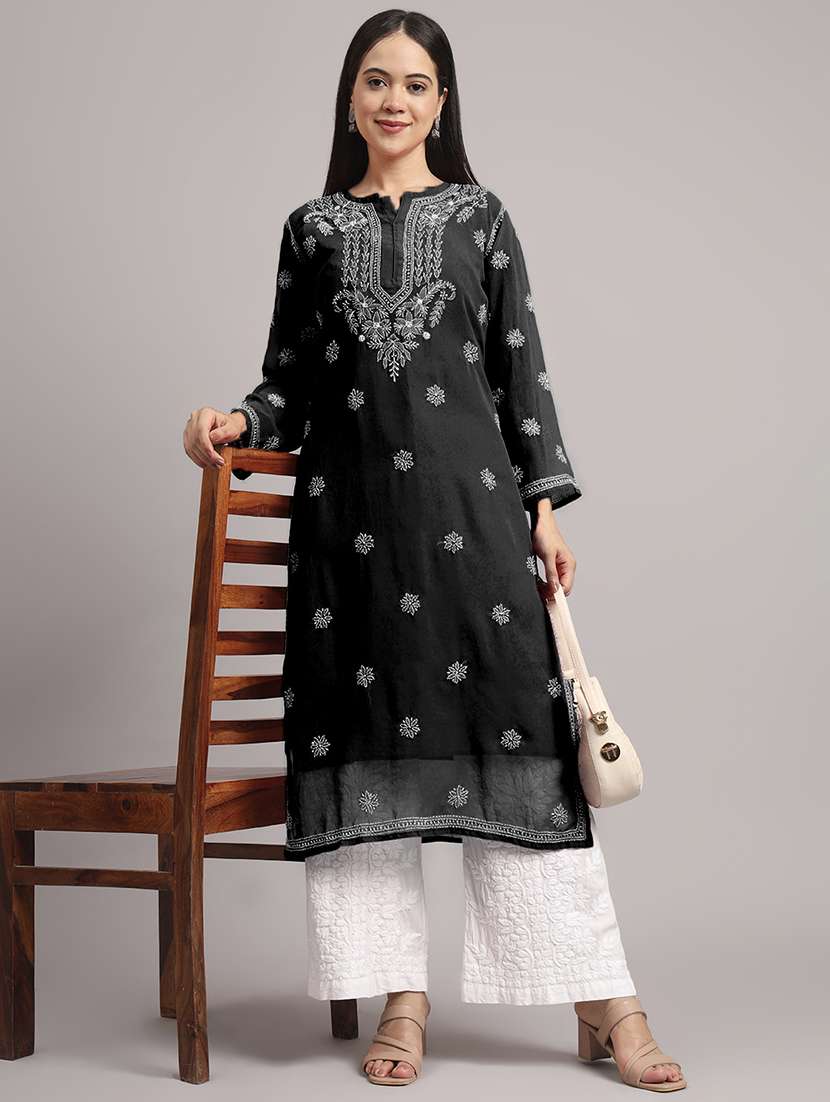 women long sleeve chikankari straight kurta - 22013546 - Zoom Image - 0