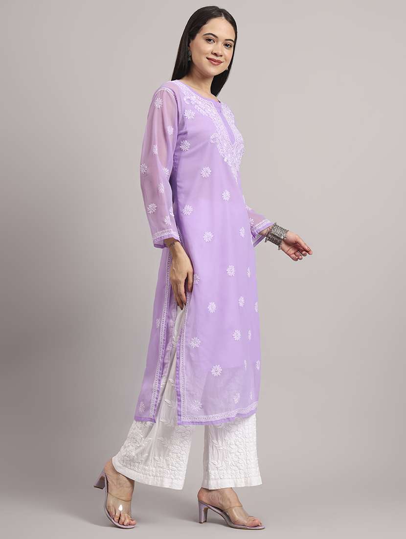 women long sleeve chikankari straight kurta with slip - 22013547 - Standard Image - 3