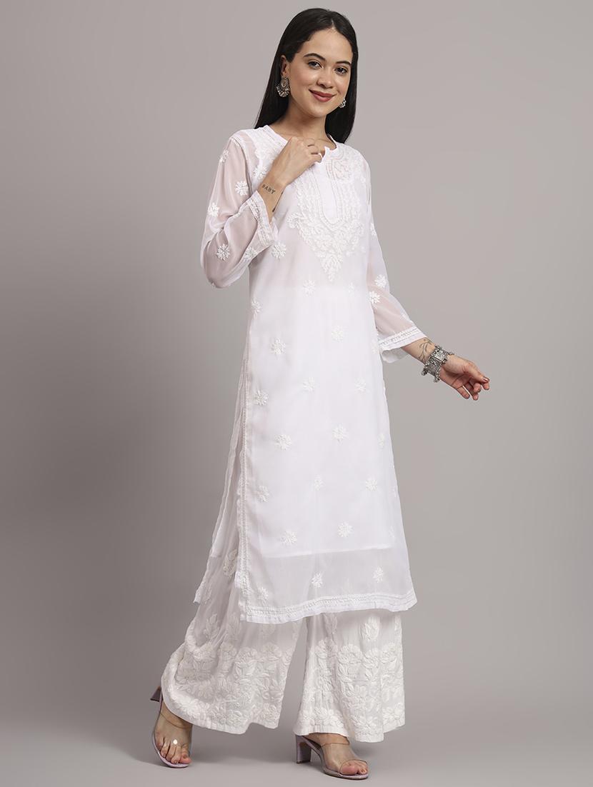 women long sleeve chikankari straight kurta with slip - 22013548 - Standard Image - 3