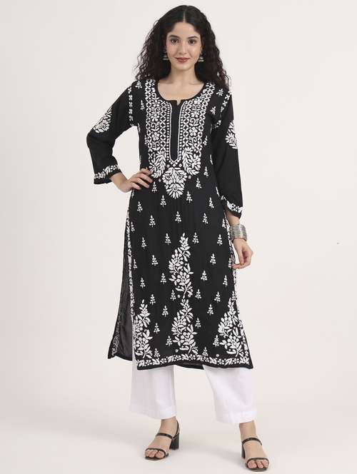 women long sleeve chikankari straight kurta - 22013551 -  Standard Image - 0