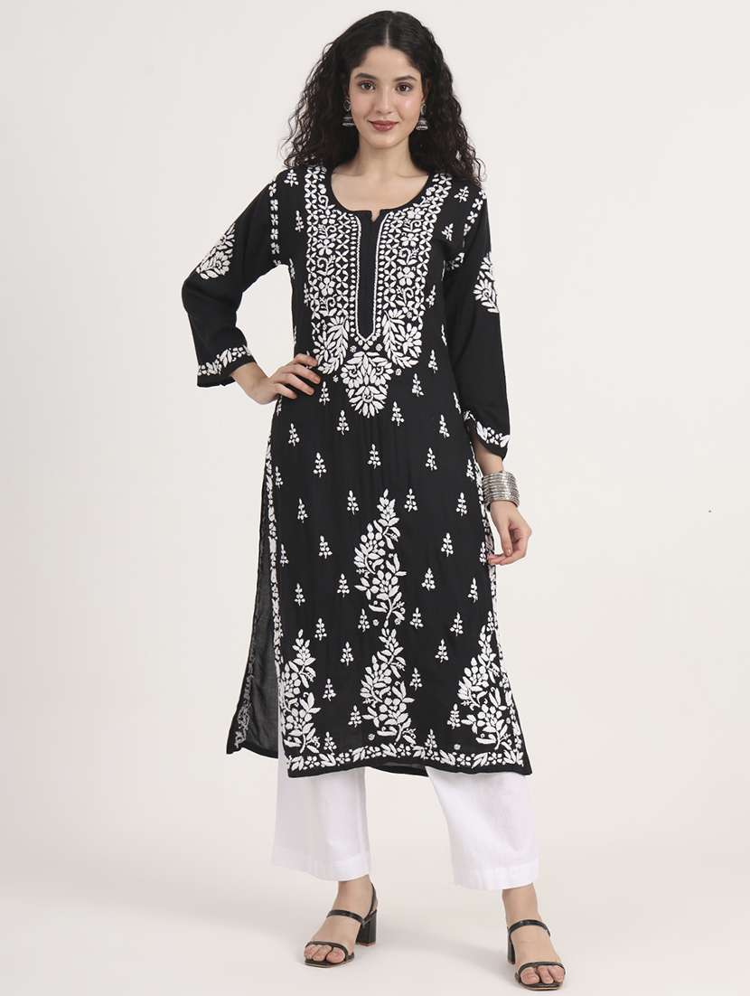 women long sleeve chikankari straight kurta - 22013551 -  Zoom Image - 0