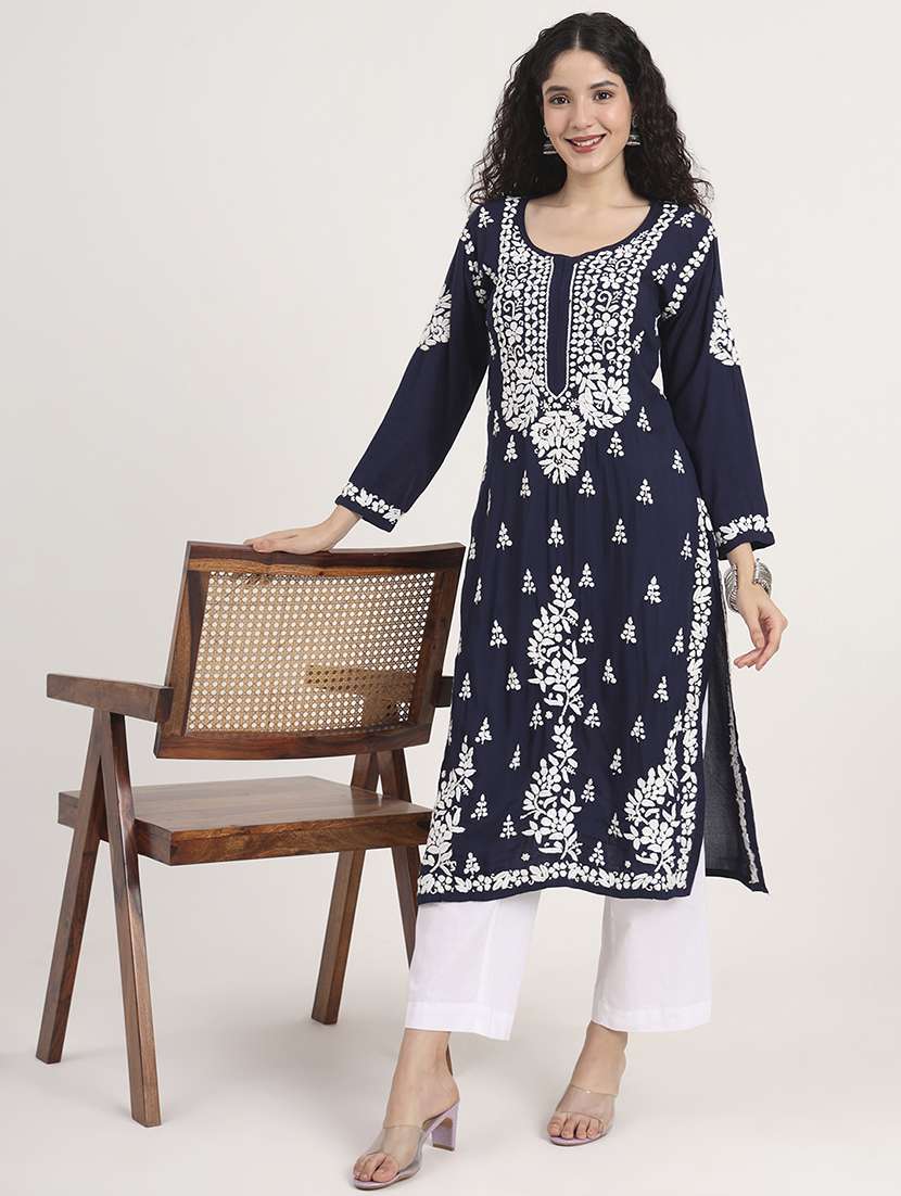 women long sleeve chikankari straight kurta