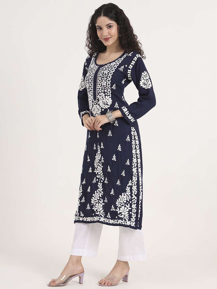 women long sleeve chikankari straight kurta - 22013552 - Standard Image - 3