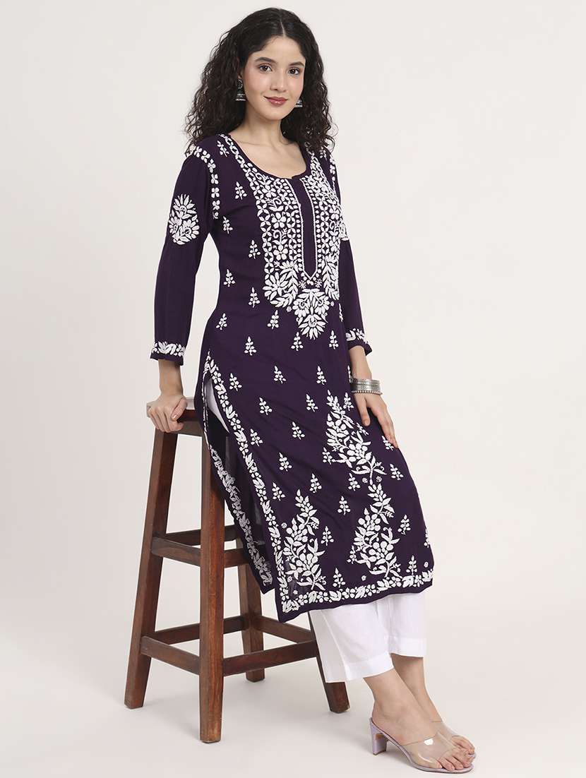 women long sleeve chikankari straight kurta - 22013553 -  Zoom Image - 0