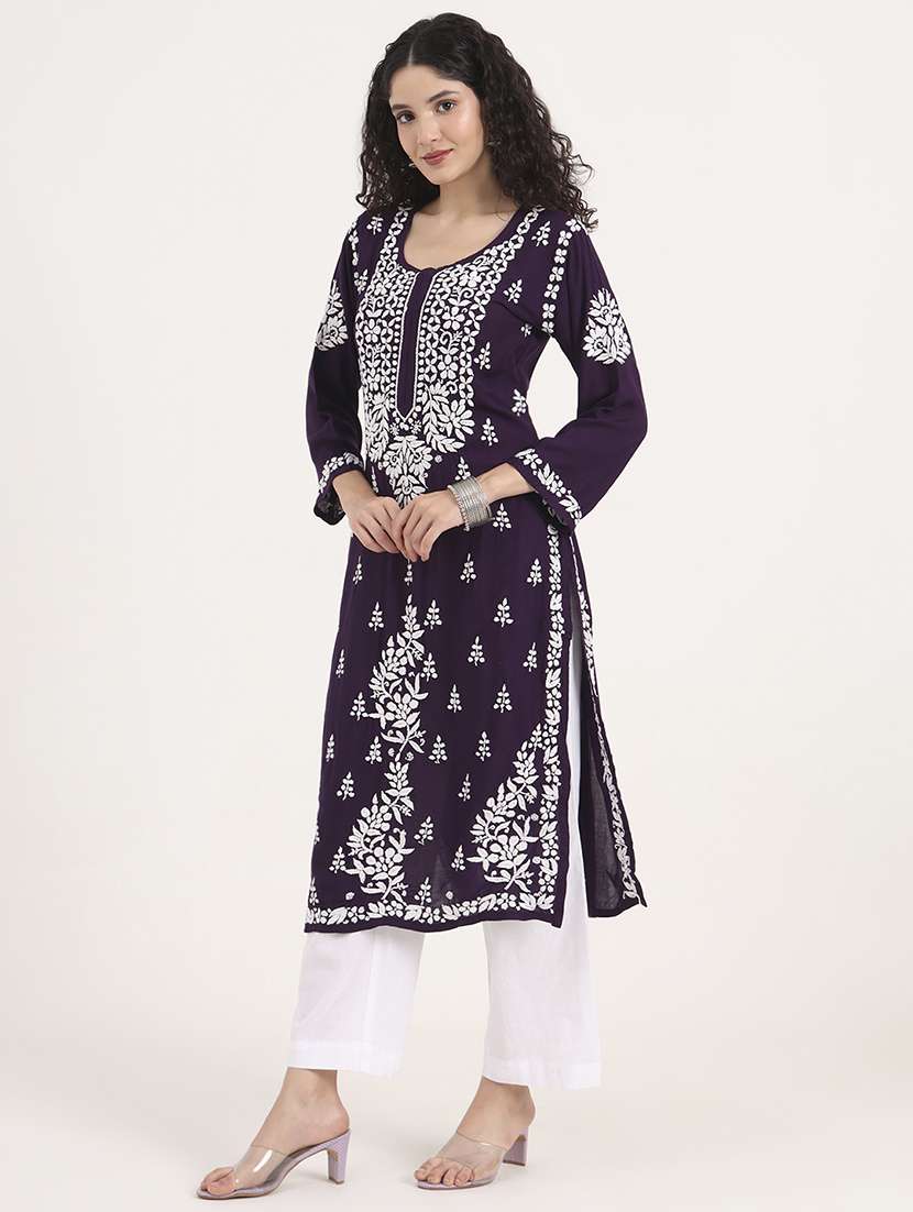 women long sleeve chikankari straight kurta - 22013553 - Standard Image - 3