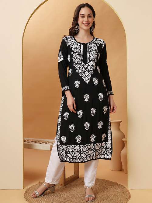 women long sleeve chikankari straight kurta - 22013554 -  Standard Image - 0