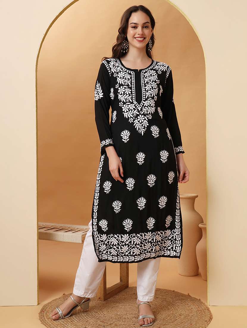women long sleeve chikankari straight kurta