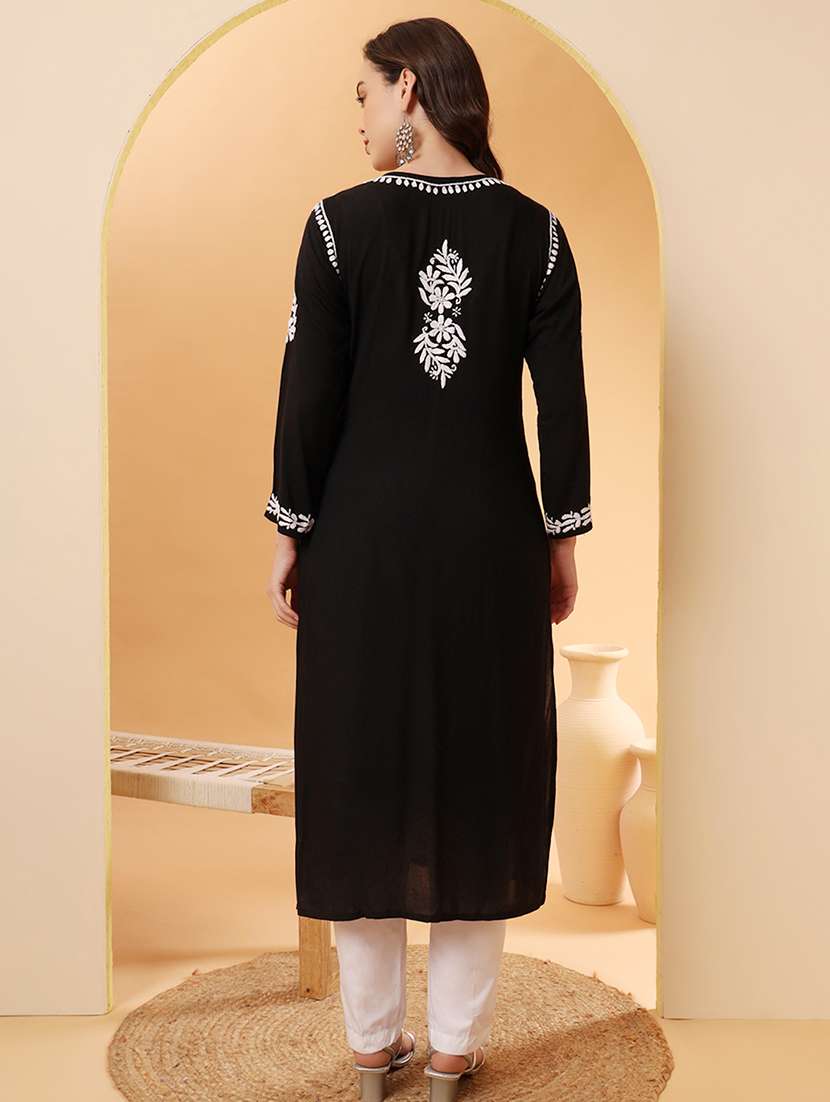women long sleeve chikankari straight kurta - 22013554 - Standard Image - 3