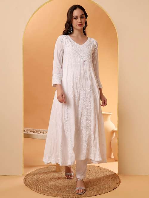 women long sleeve chikankari angrakha kurta - 22013555 - Standard Image - 0