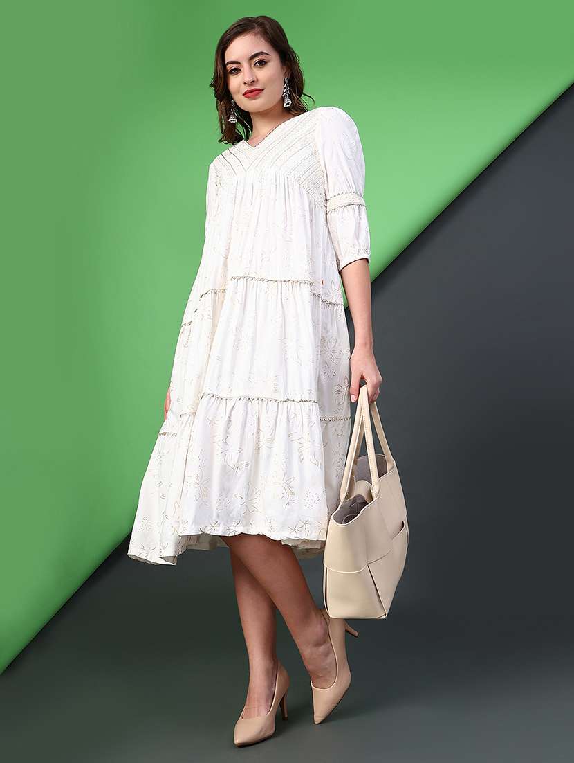 women printed puff sleeve tiered dress