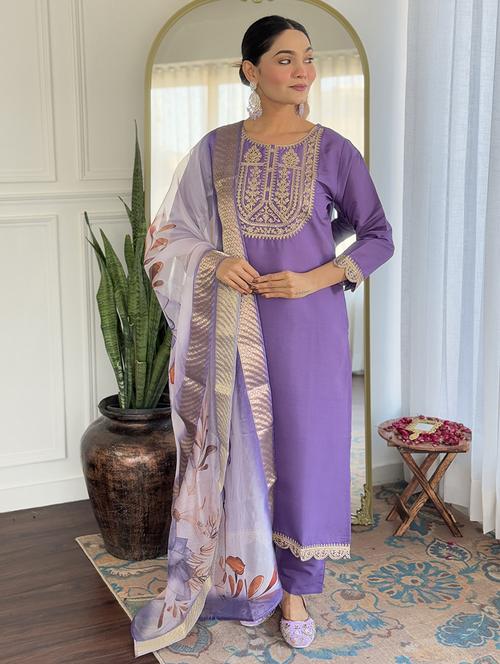 women embroidered three quarter sleeve kurta pant with dupatta set - 22014111 - Standard Image - 0