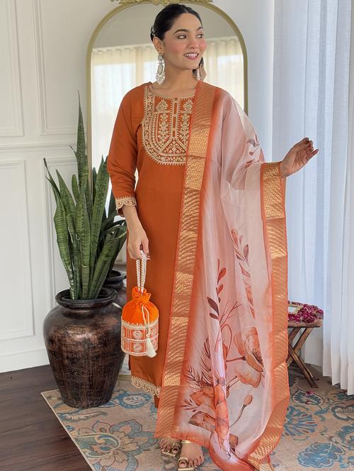 women embroidered three quarter sleeve kurta pant with dupatta set - 22014112 - Standard Image - 0
