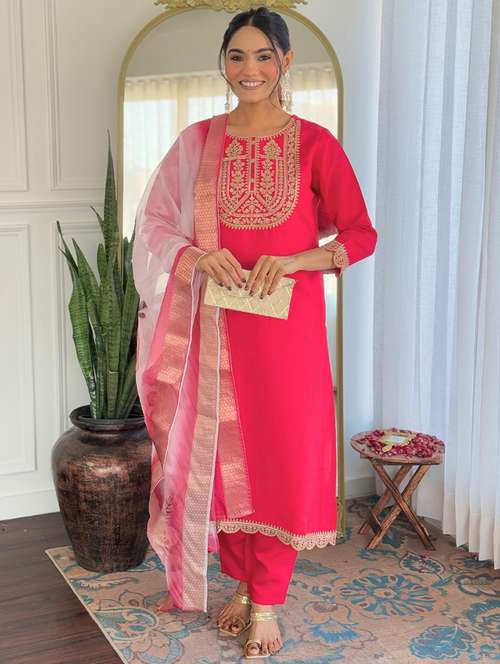 women embroidered three quarter sleeve kurta pant with dupatta set - 22014113 - Standard Image - 0