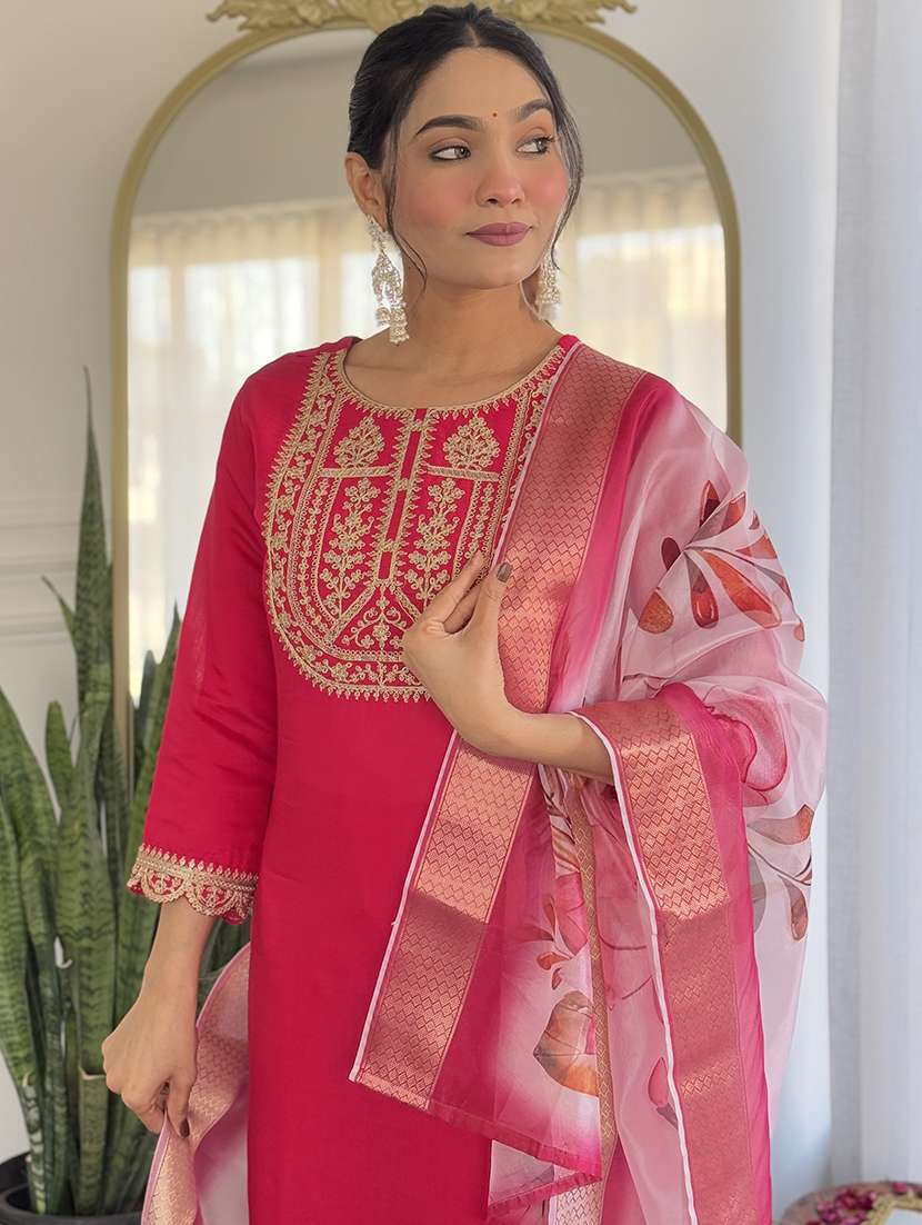women embroidered three quarter sleeve kurta pant with dupatta set - 22014113 - Standard Image - 5