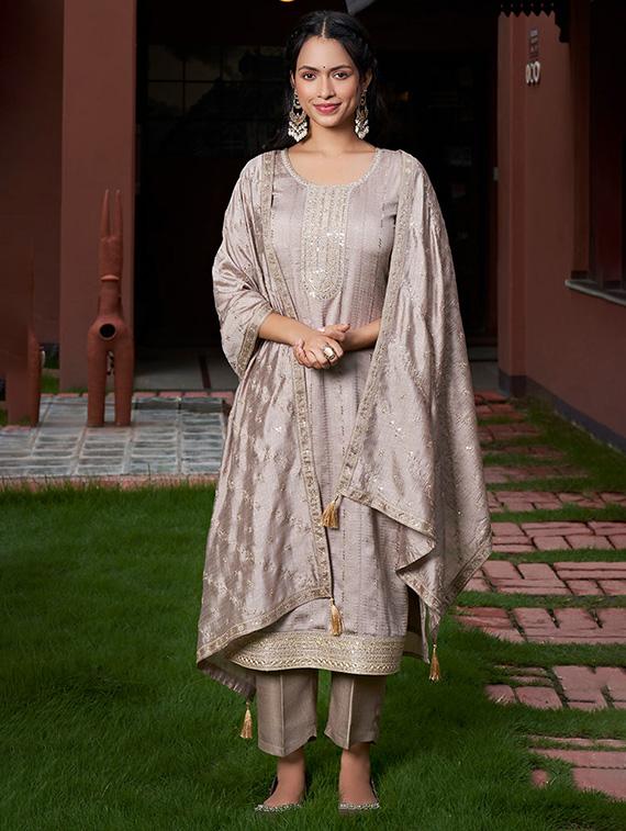 women embroidered three quarter sleeve kurta pant with dupatta set