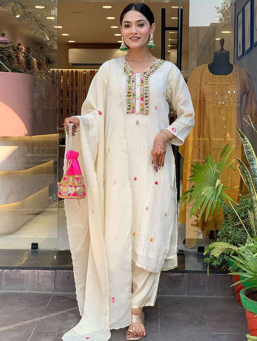 women embroidered three quarter sleeve kurta pant with dupatta set
