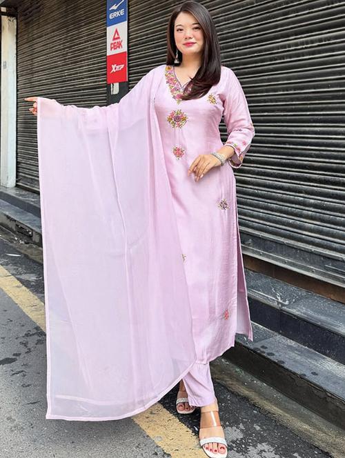 women embroidered three quarter sleeve kurta pant with dupatta set - 22014131 - Standard Image - 0
