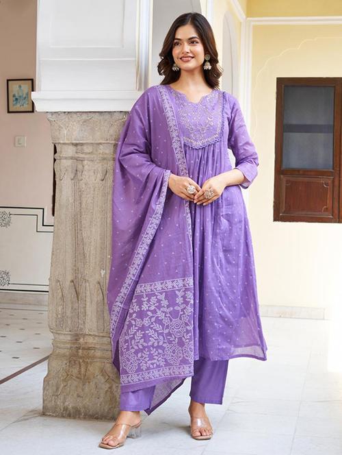 women embroidered three quarter sleeve kurta pant with dupatta set - 22014132 -  Standard Image - 0