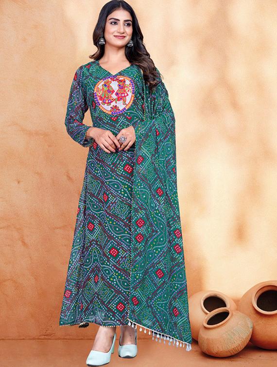women bandhani printed long sleeve kurta dupatta set - 22014136 - Zoom Image - 0