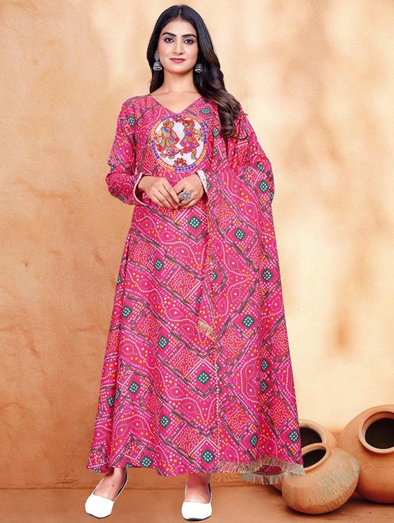 women bandhani printed long sleeve kurta dupatta set - 22014137 - Zoom Image - 0