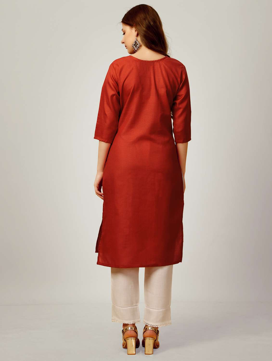 women embroidered three quarter sleeve kurta pant set - 22014149 - Standard Image - 3