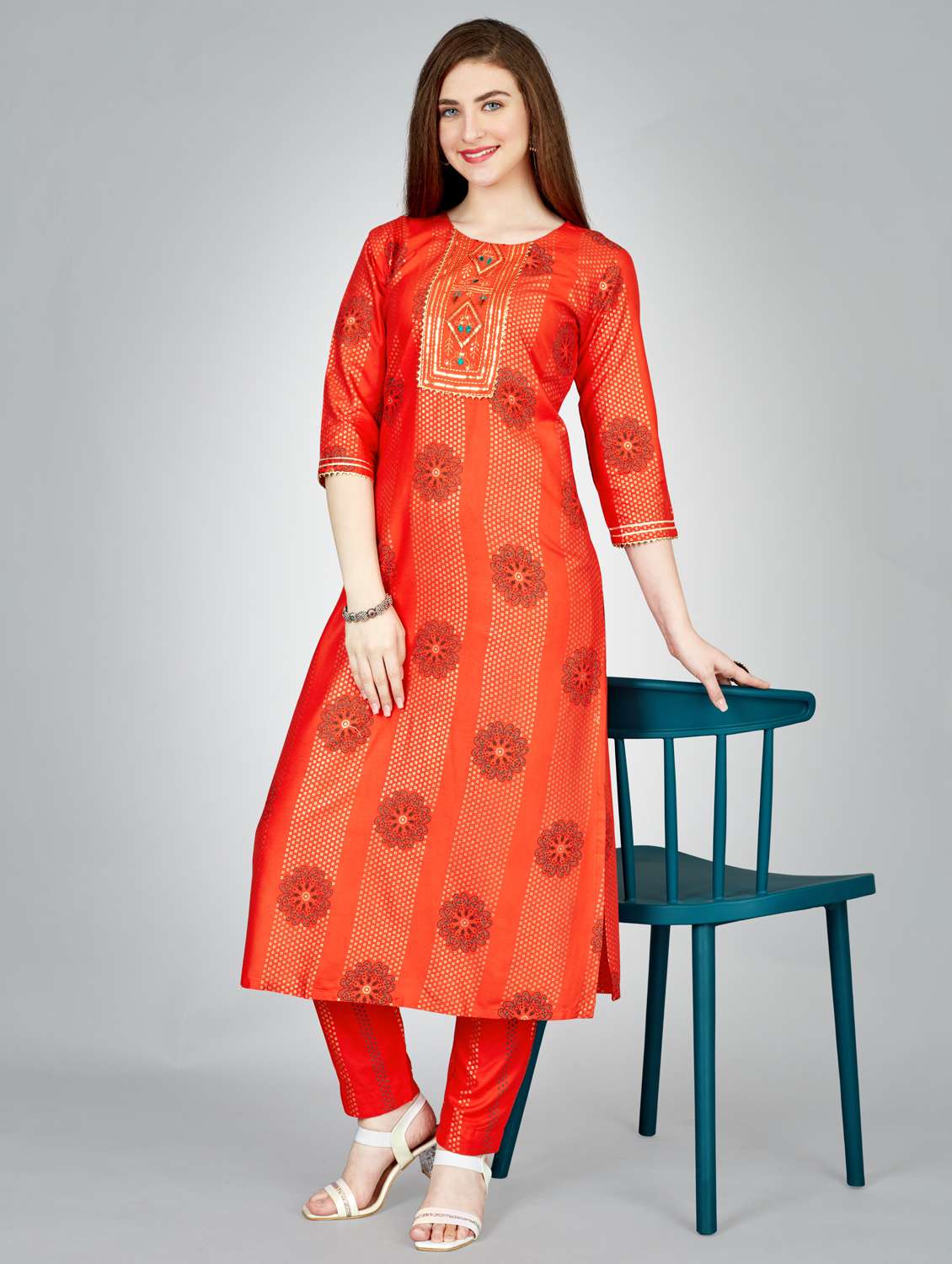 women embroidered three quarter sleeve kurta pant set - 22014151 -  Zoom Image - 0
