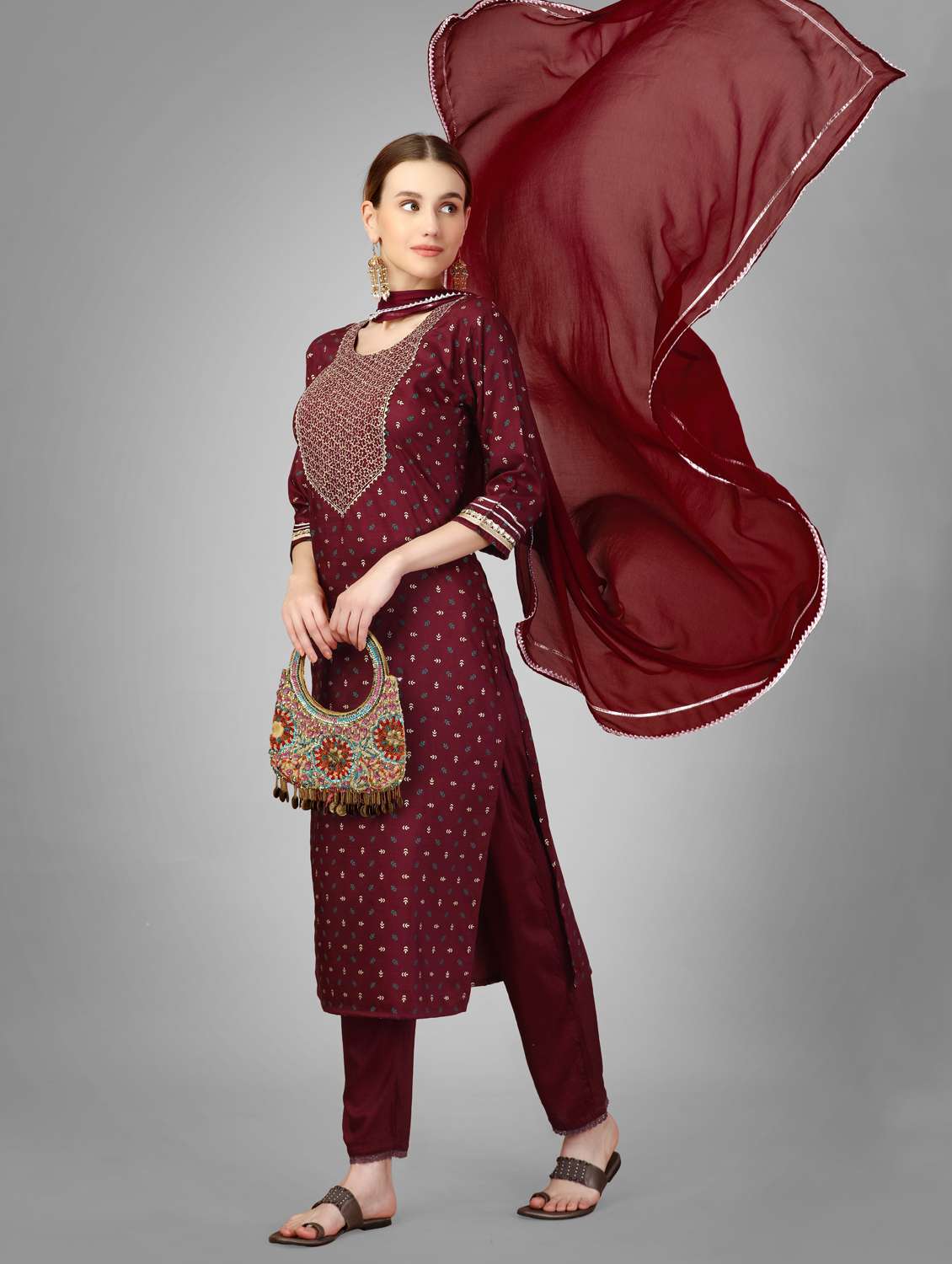 women three quarter sleeve kurta pant with dupatta set
