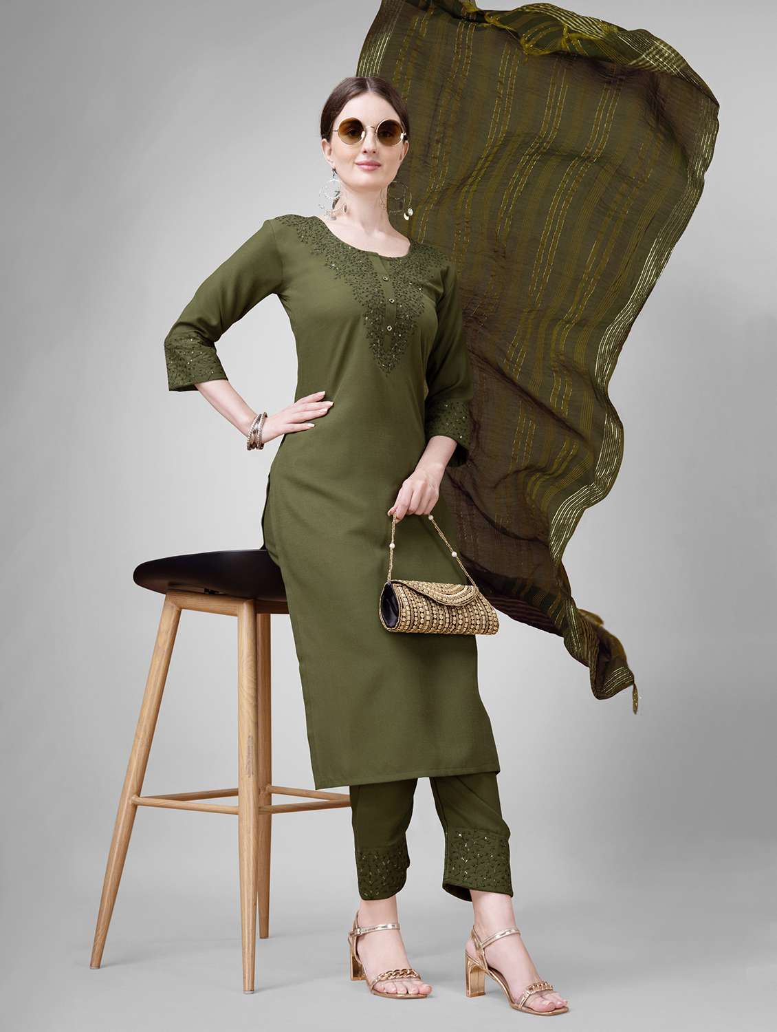 women embroidered three quarter sleeve kurta pant with dupatta set - 22014166 - Standard Image - 3