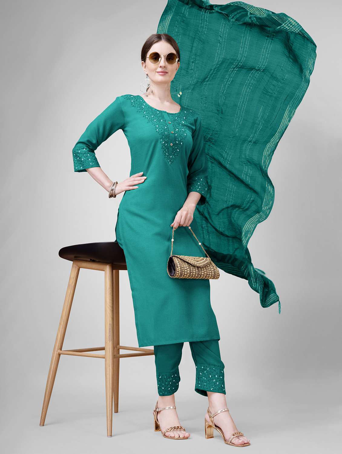 women embroidered three quarter sleeve kurta pant with dupatta set - 22014167 - Standard Image - 3