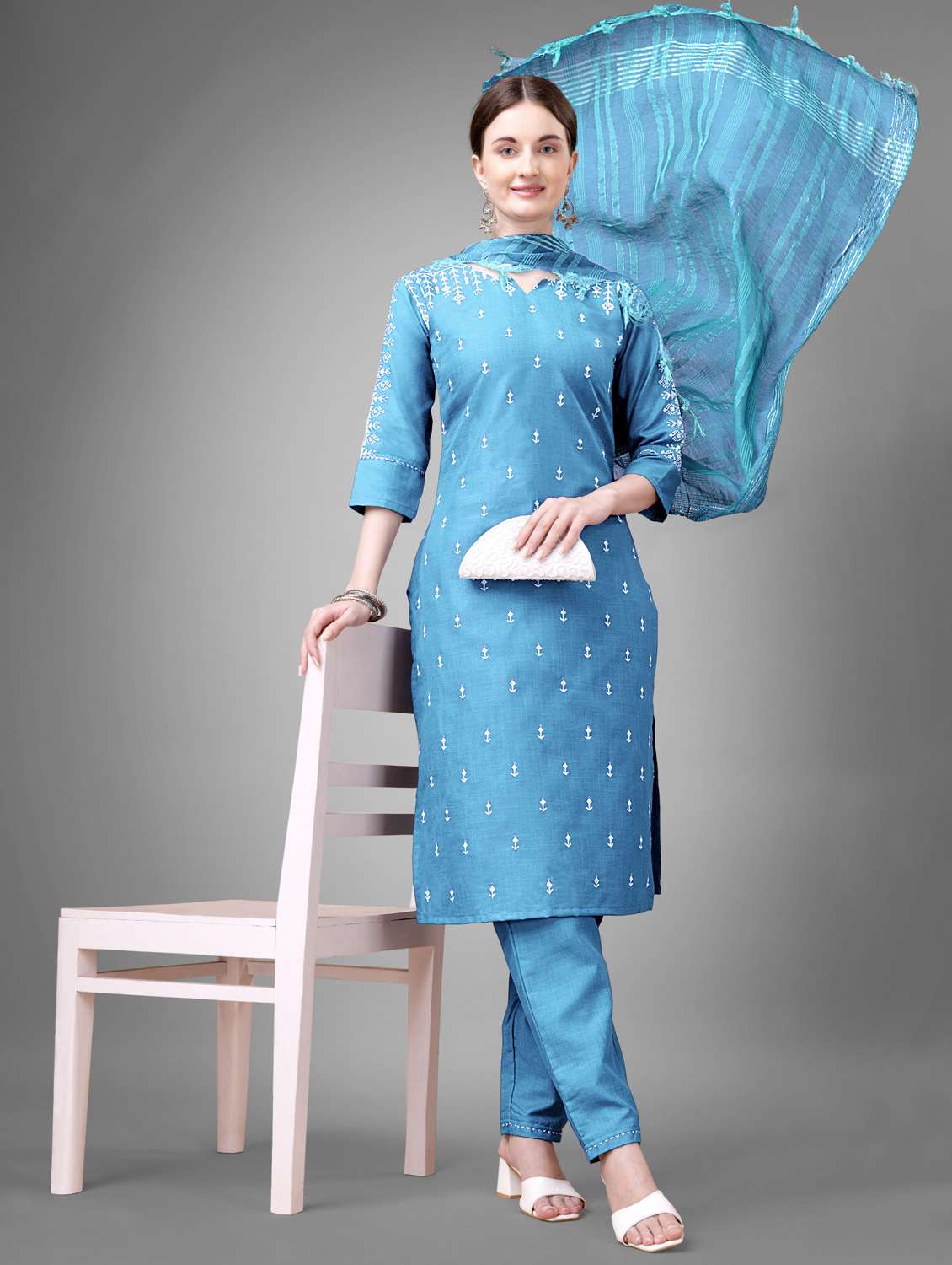 women three quarter sleeve kurta pant with dupatta set
