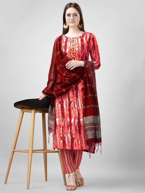 women printed three quarter sleeve kurta pant with dupatta set - 22014175 - Standard Image - 0