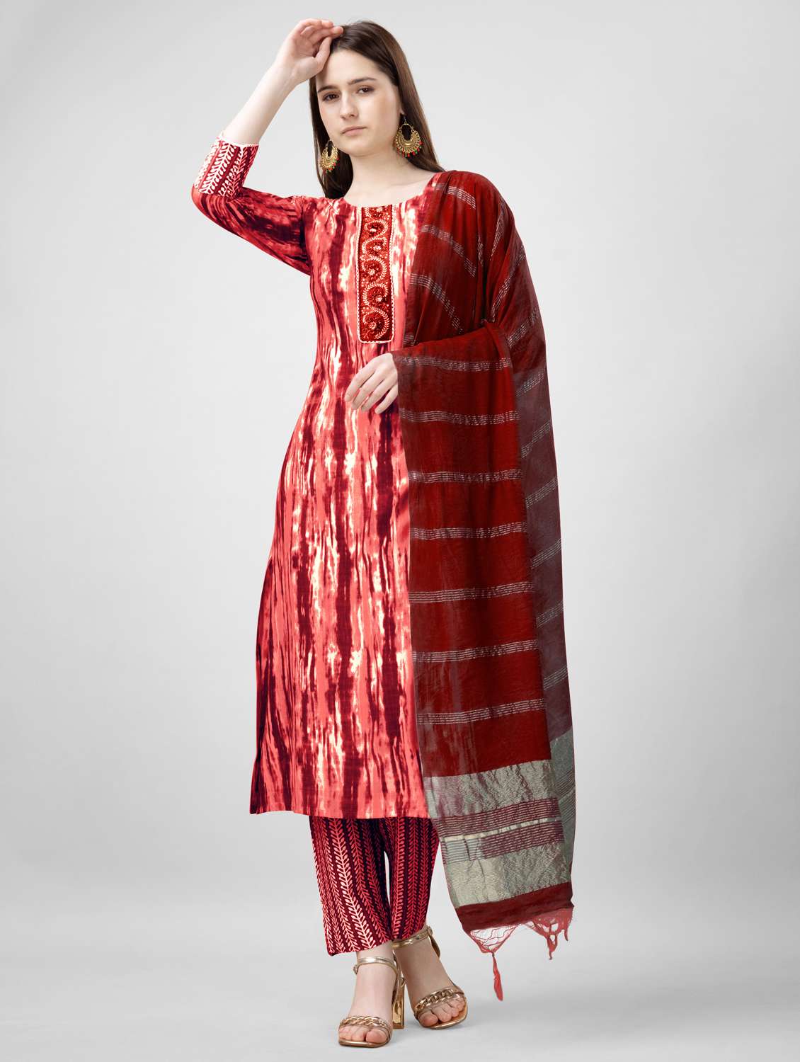 women printed three quarter sleeve kurta pant with dupatta set - 22014175 - Standard Image - 3