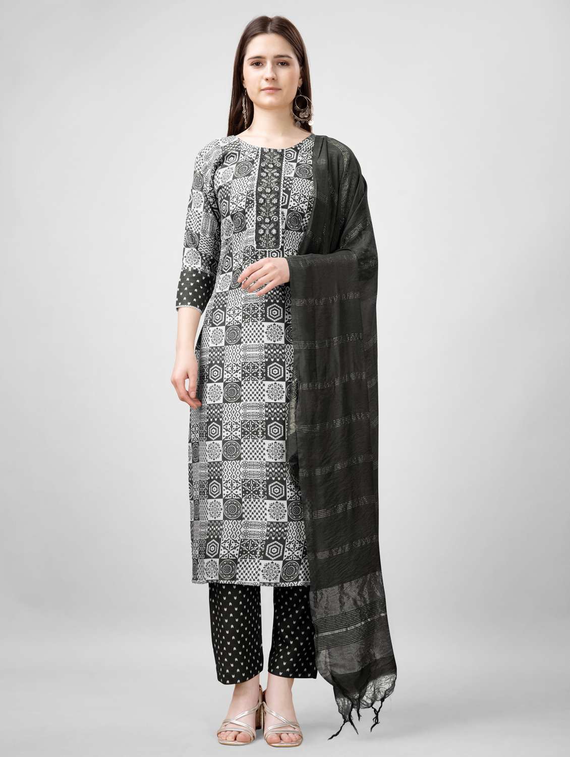 women printed three quarter sleeve kurta pant with dupatta set - 22014177 -  Zoom Image - 0