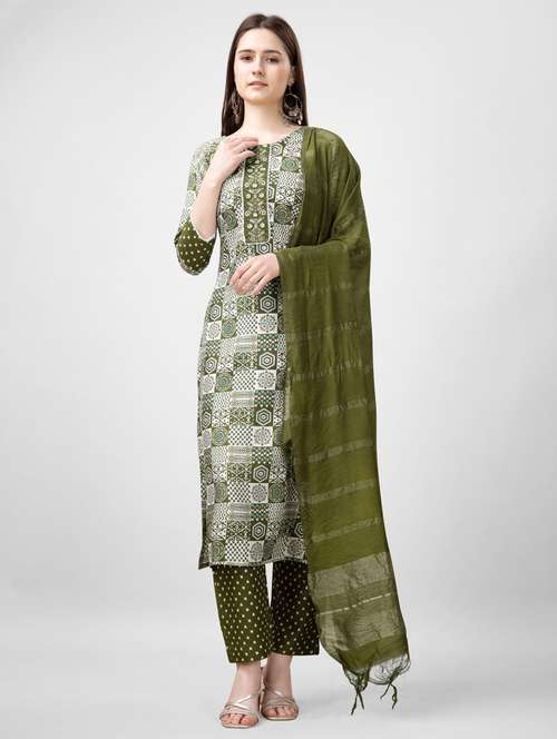 women printed three quarter sleeve kurta pant with dupatta set - 22014178 -  Standard Image - 0