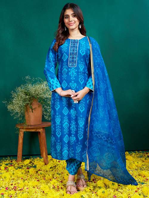 women printed long sleeve kurta pant with dupatta set - 22014230 -  Standard Image - 0