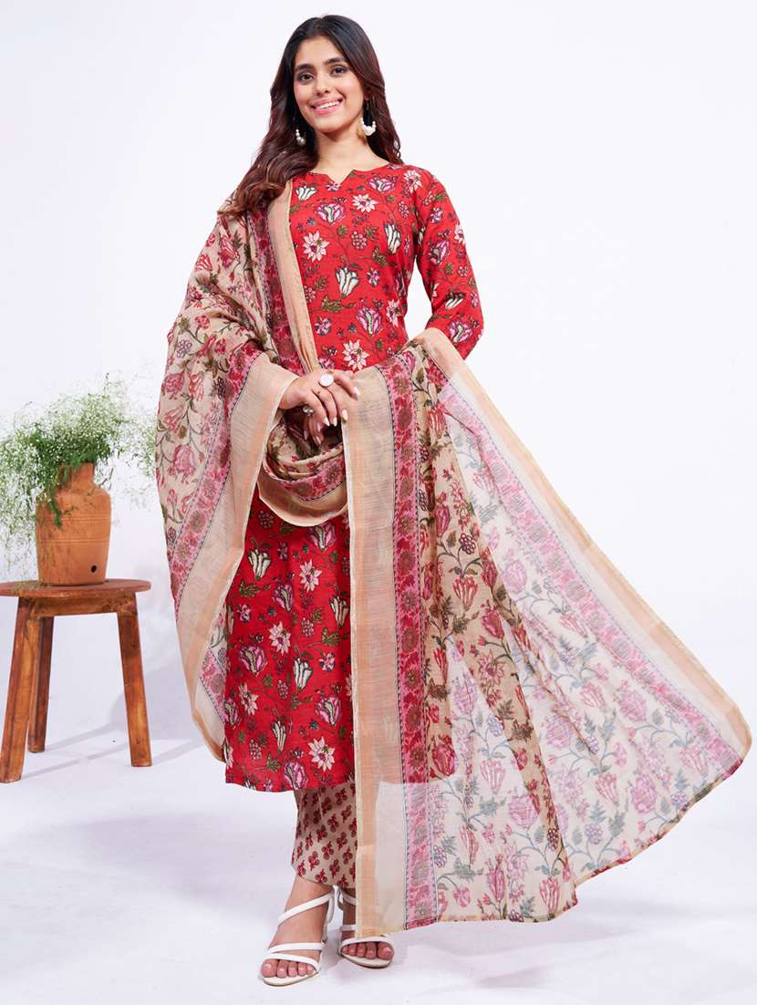 women printed three quarter sleeve kurta pant with dupatta set - 22014233 - Zoom Image - 0